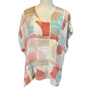 Chico's Linen Poncho Size S/M Earth Tones Geometric Retro Tunic Keyhole Back Top